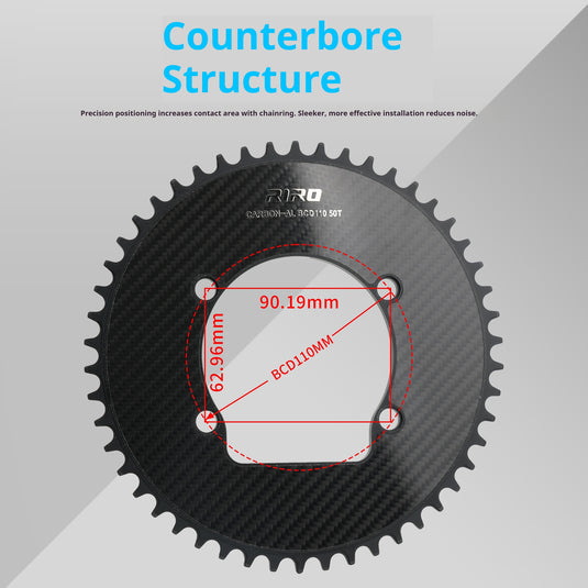 Riro RCB 110BCD CNC Aluminum Chainring with Carbon Fiber Reinforced Surface Single and Double Chainrings