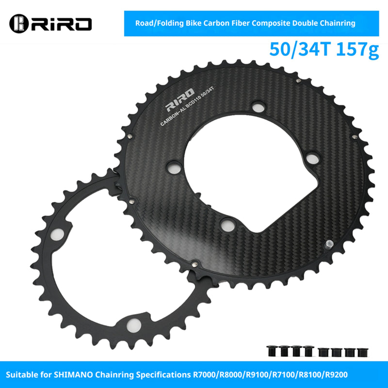 Load image into Gallery viewer, Riro RCB 110BCD Split Double CNC Aluminum Chainring with Carbon Fiber Reinforced Surface
