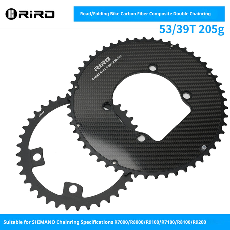 Load image into Gallery viewer, Riro RCB 110BCD Split Double CNC Aluminum Chainring with Carbon Fiber Reinforced Surface
