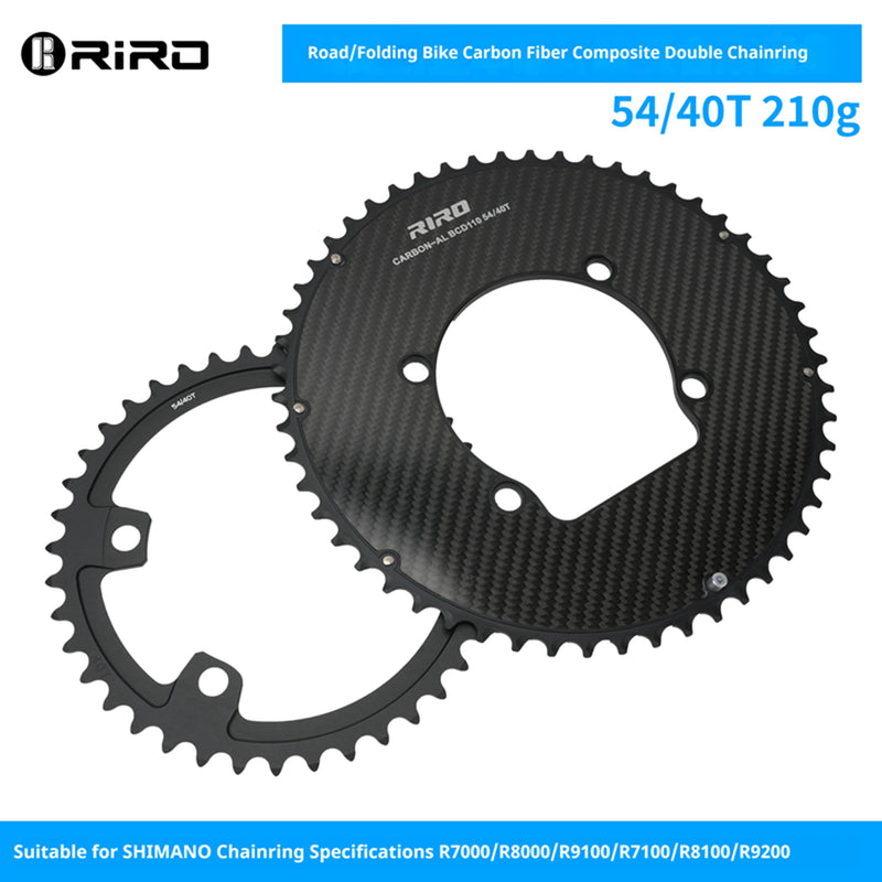 Load image into Gallery viewer, Riro RCB 110BCD Split Double CNC Aluminum Chainring with Carbon Fiber Reinforced Surface
